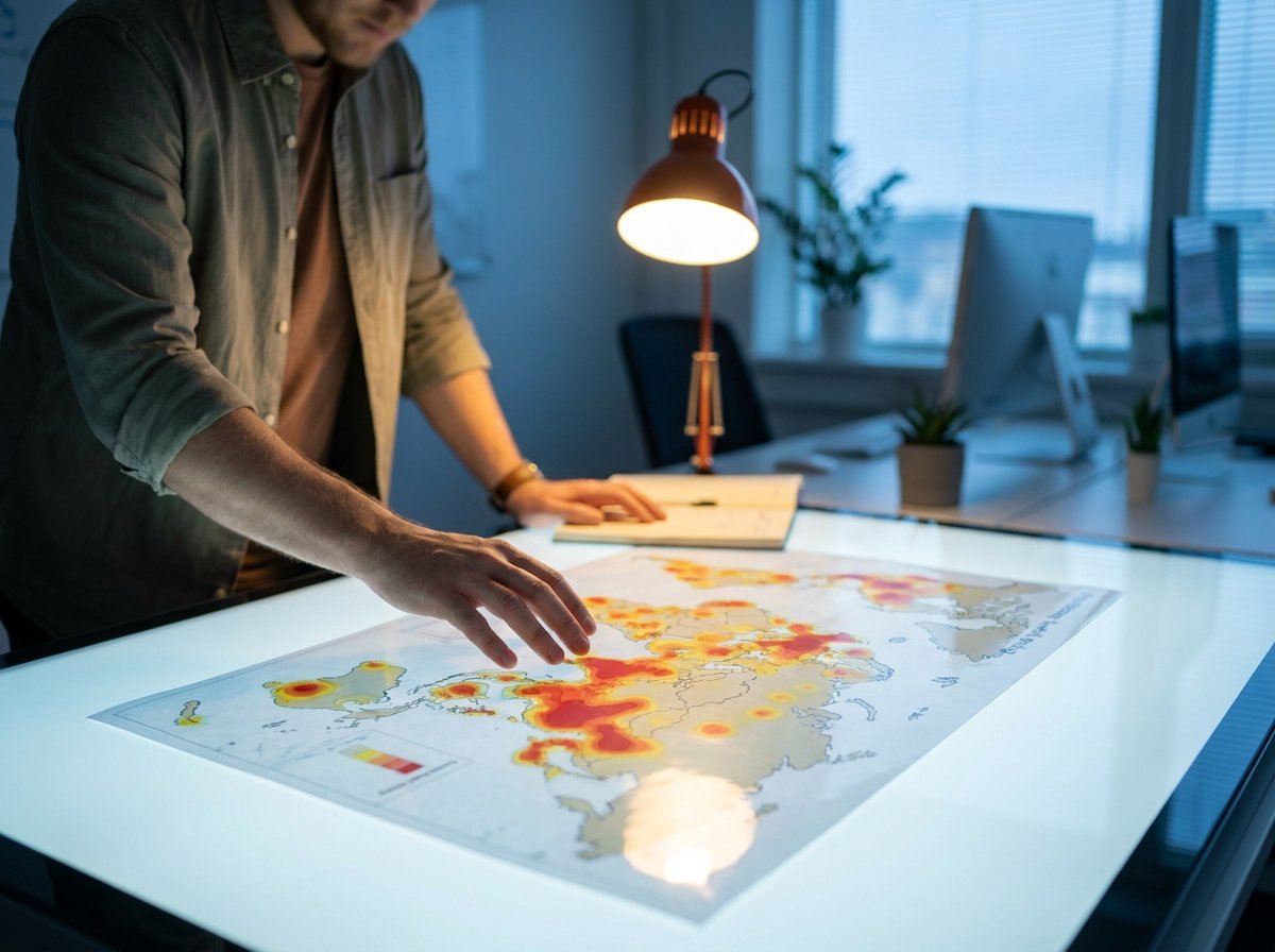 Analyst reviewing customer density and territory coverage data on a detailed regional map