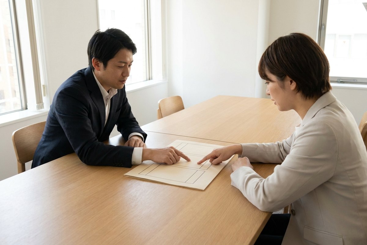 Two professionals reviewing a structured activation framework document together at a conference table