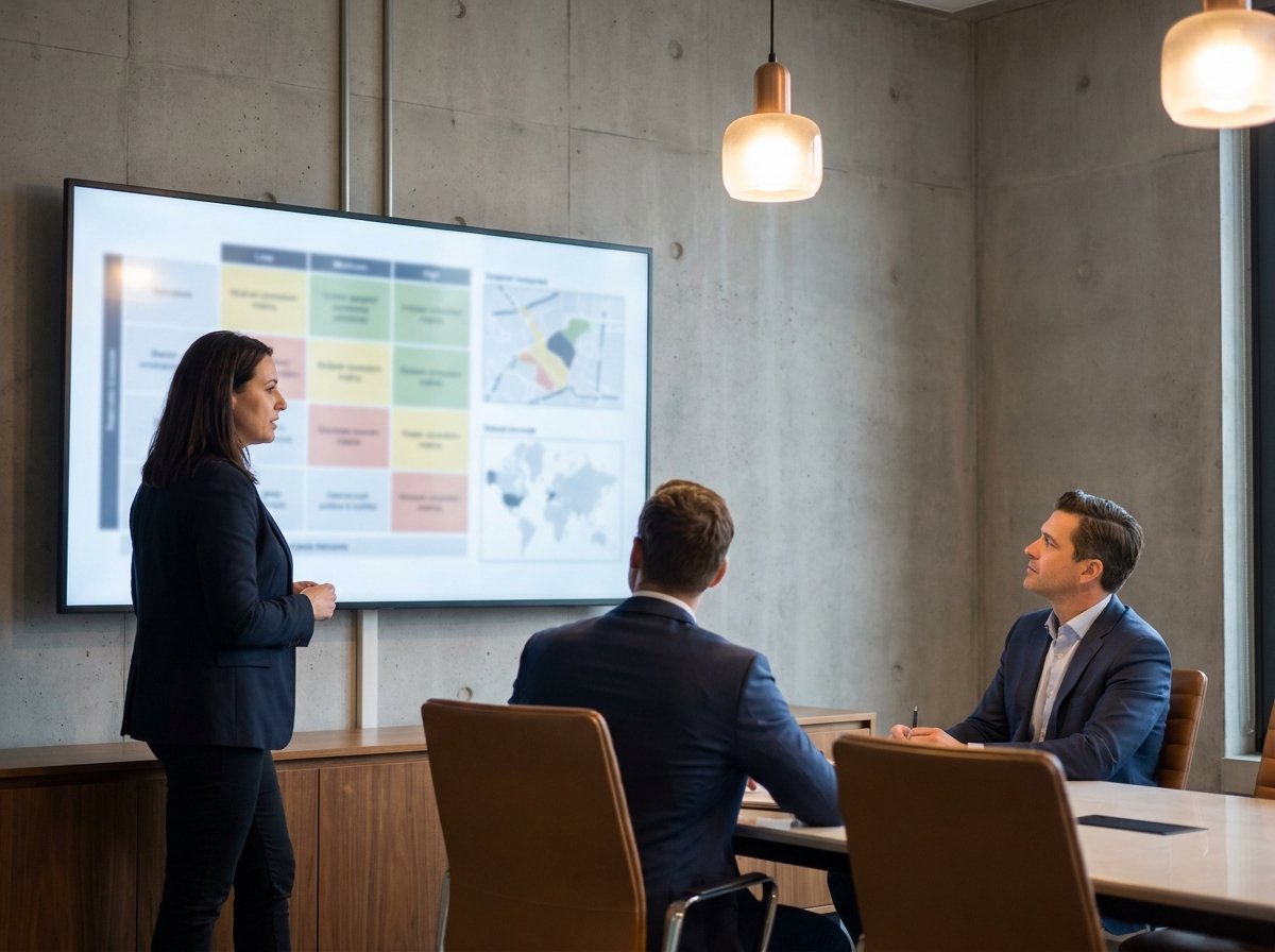 Consultant presenting criteria-based dealer evaluation framework to manufacturer executives