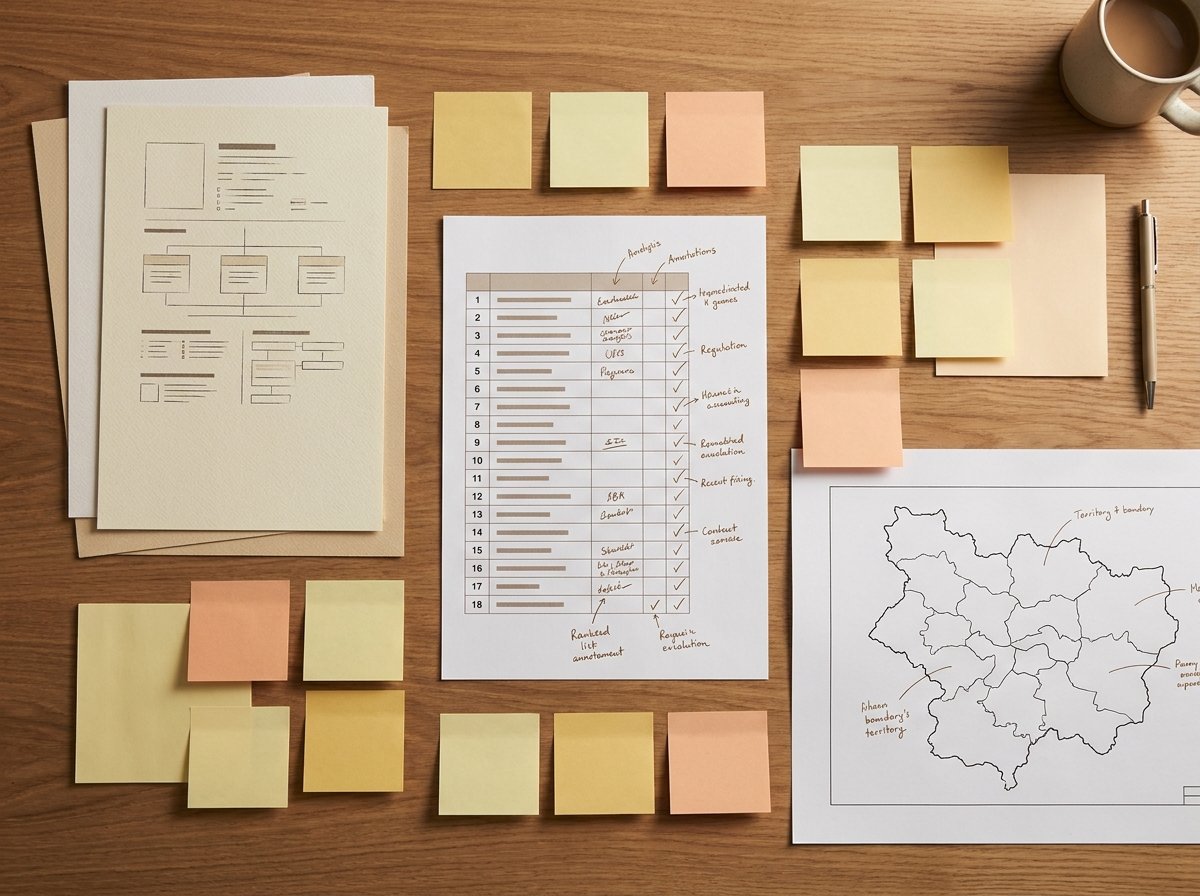 Annotated distributor profile sheets and ranked shortlist documents arranged on a professional evaluation workspace