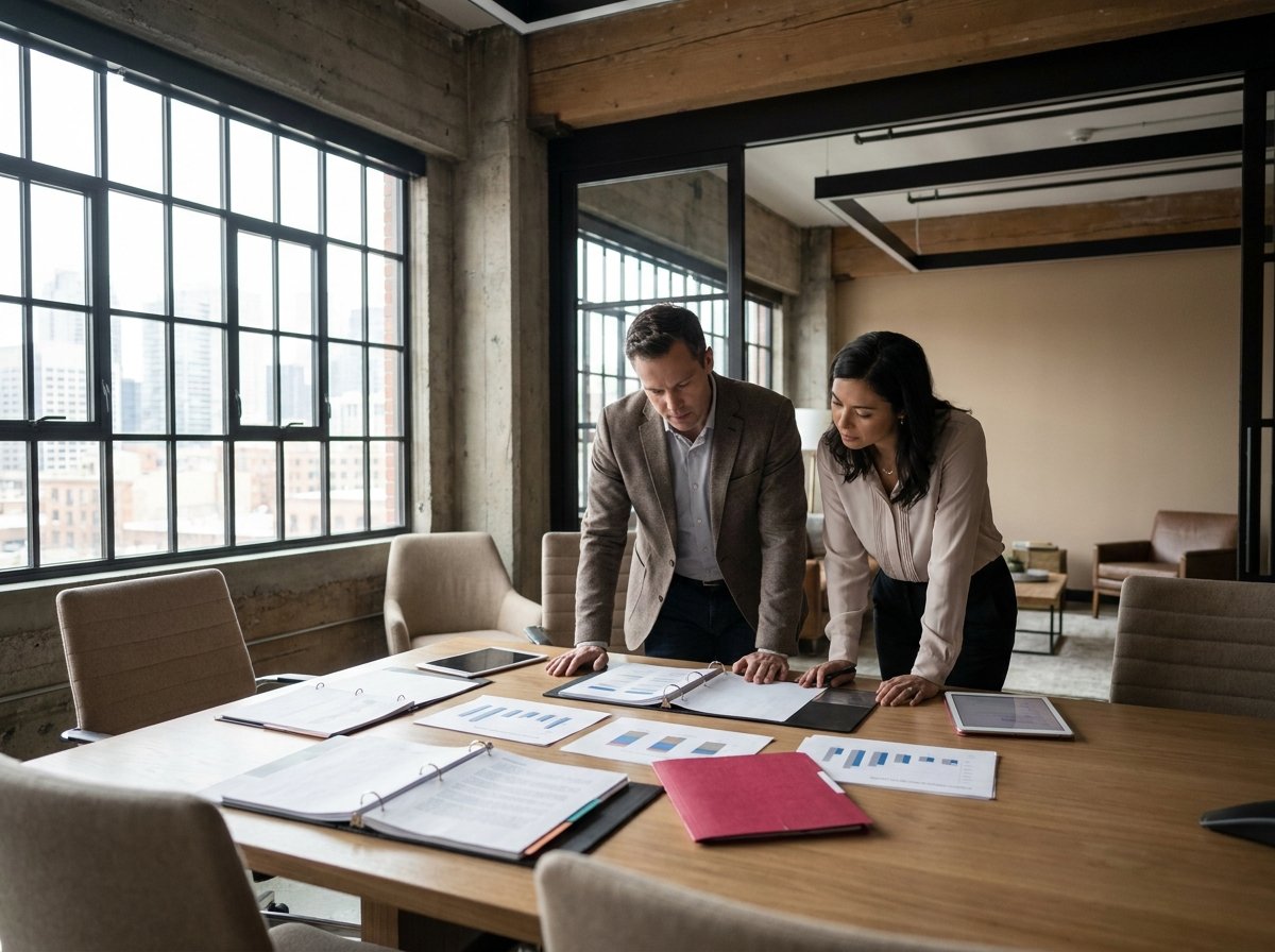 Business professionals conducting a structured partner evaluation process in a modern boardroom