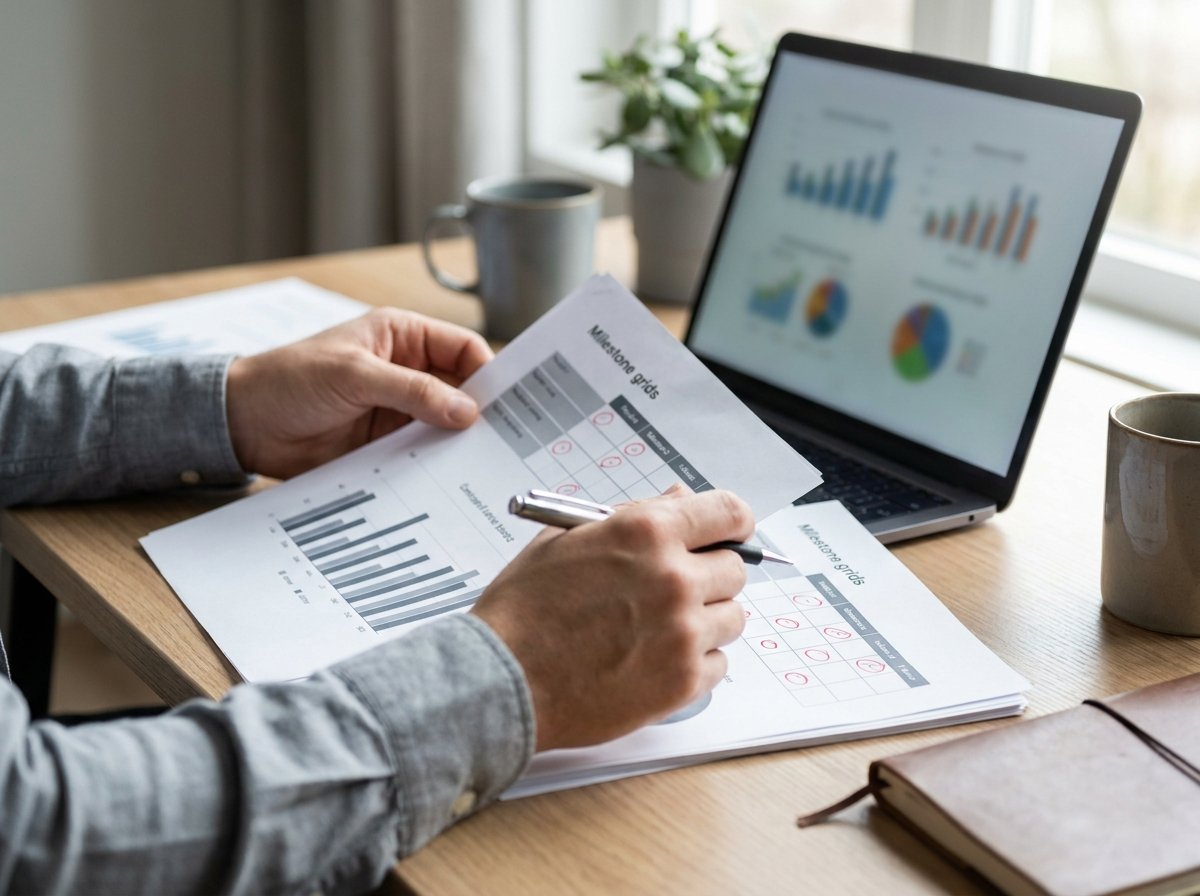 Business professional reviewing distributor performance milestone tracking documents at a clean modern desk