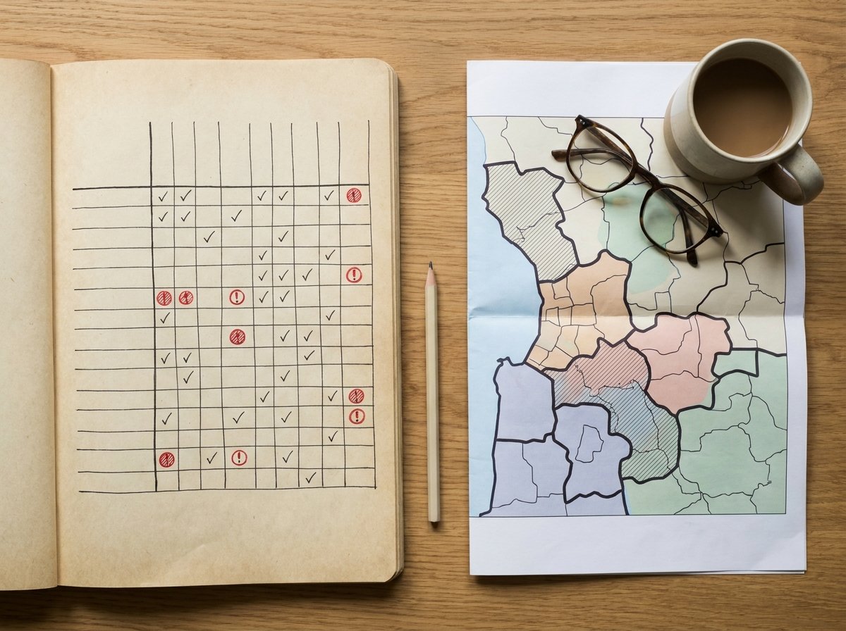 Structured evaluation matrix and territory map representing a criteria-based partner assessment process