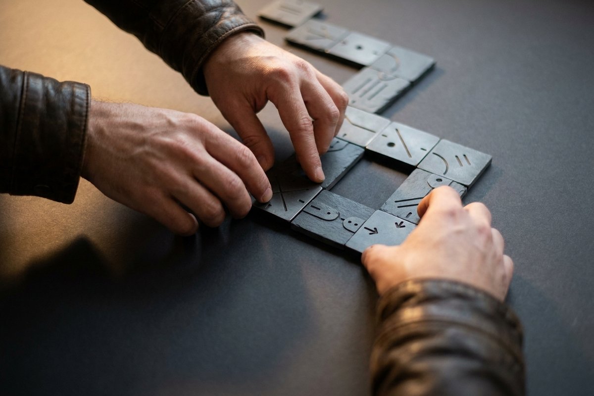 Hands arranging interconnected modular tiles representing a connected channel process