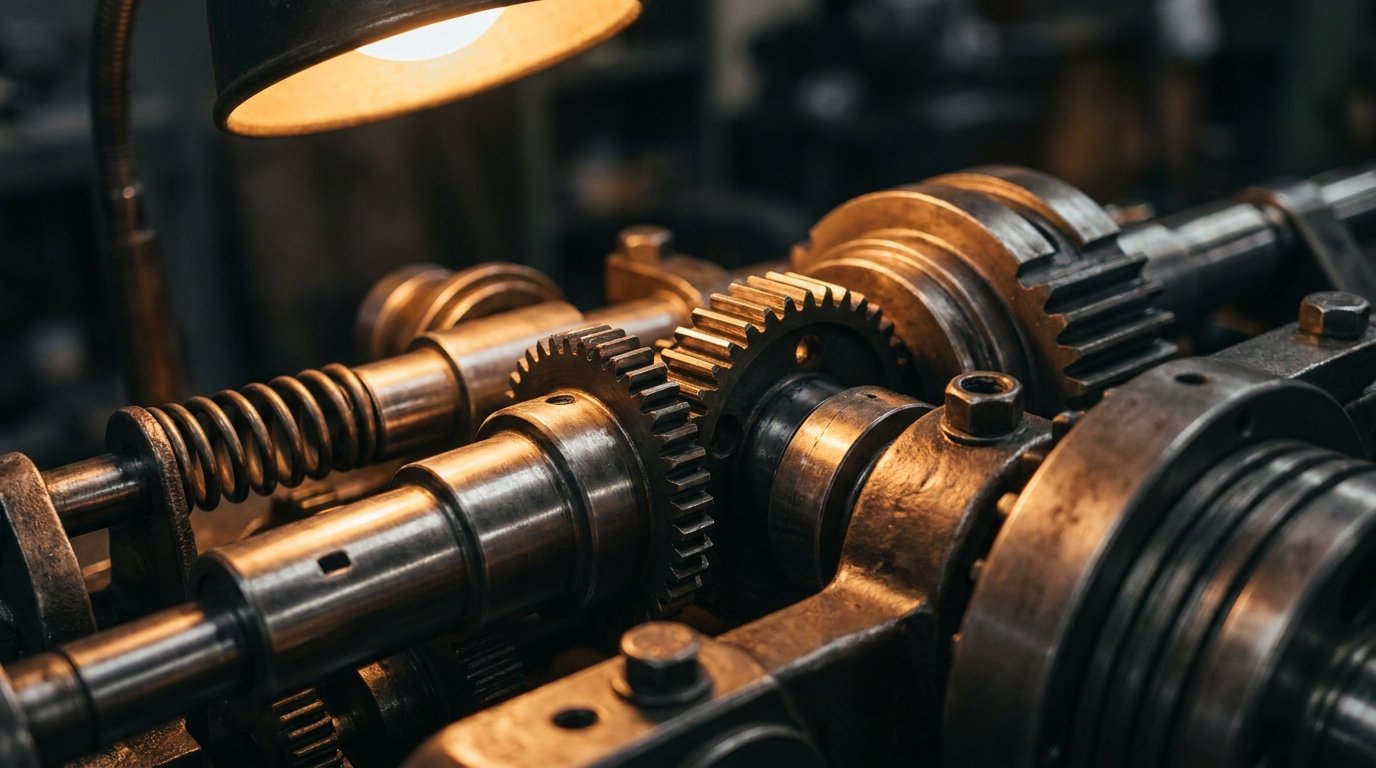 Close-up of industrial precision components and machined metal surfaces in directional light